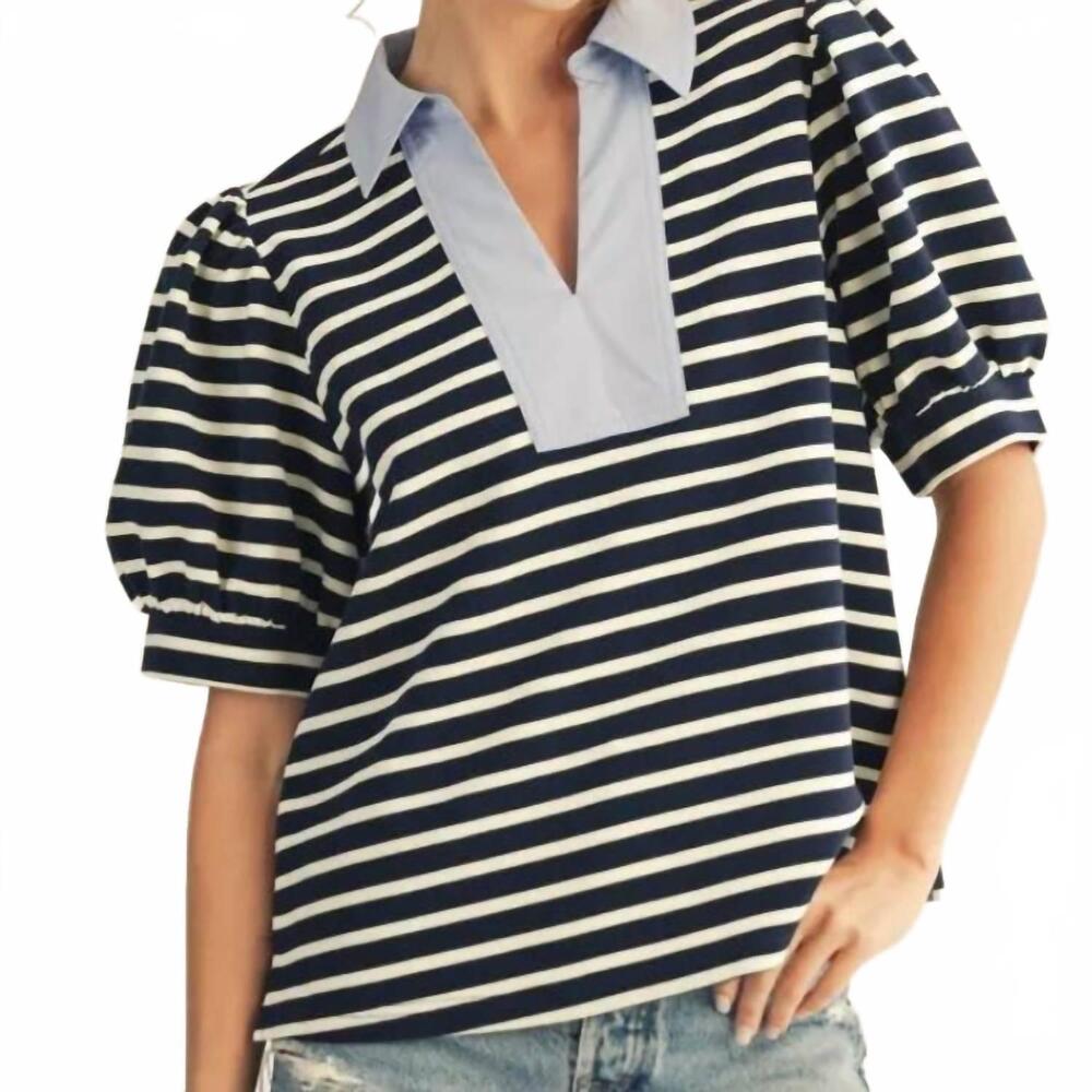 NEW JODIFL short sleeves stripe top with solid contrast neckline in navy